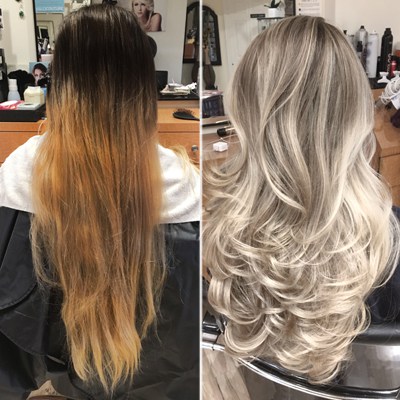 blonde balayage color correction transformation before and after photo