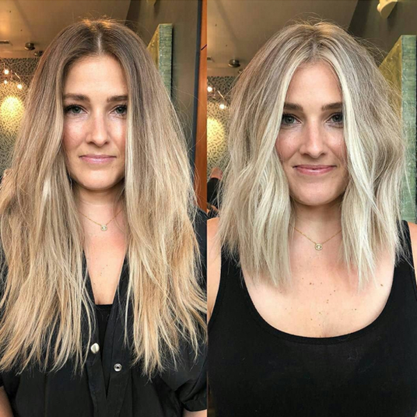 lob haircut and blonde hair color transformation by @saramay_level10