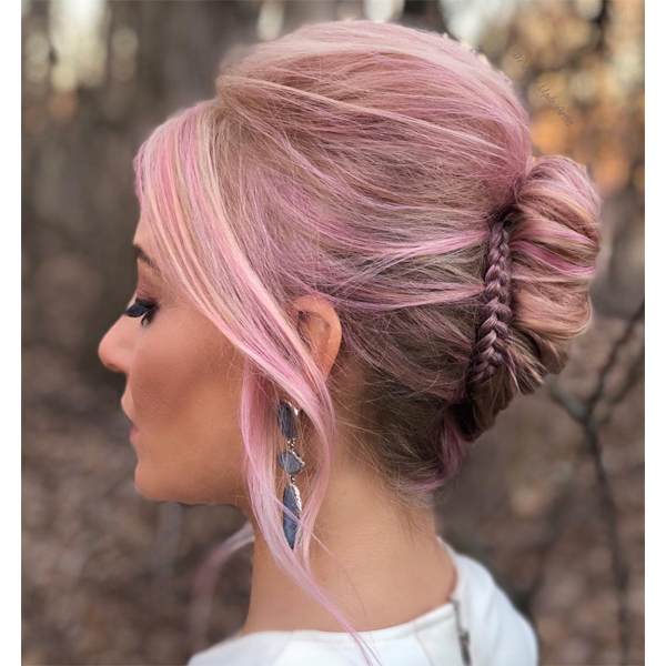 Light Pink Formula And French Twist Style With Accent Braid