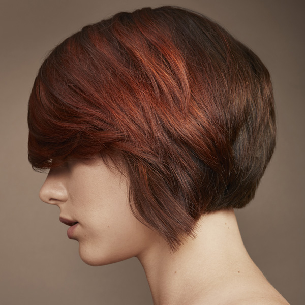redken brunette with tones of copper short hair color blocking technique