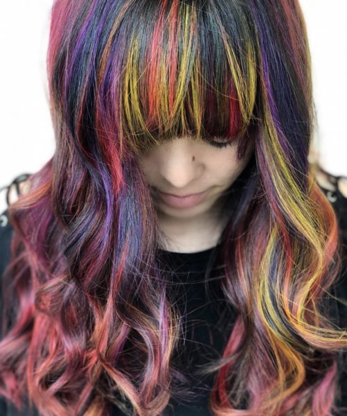 rainbow fashion hair color with bangs by @deathbycouture