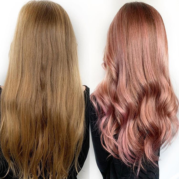 rose gold hair transformation before and after hair photo