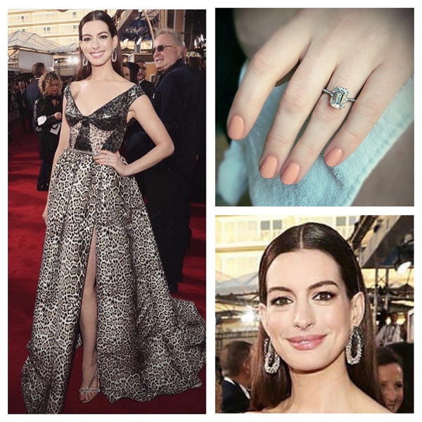 Anne Hathaway wearing Chanel nail polish at the Golden Globes 2019. Nails by @tombachik.