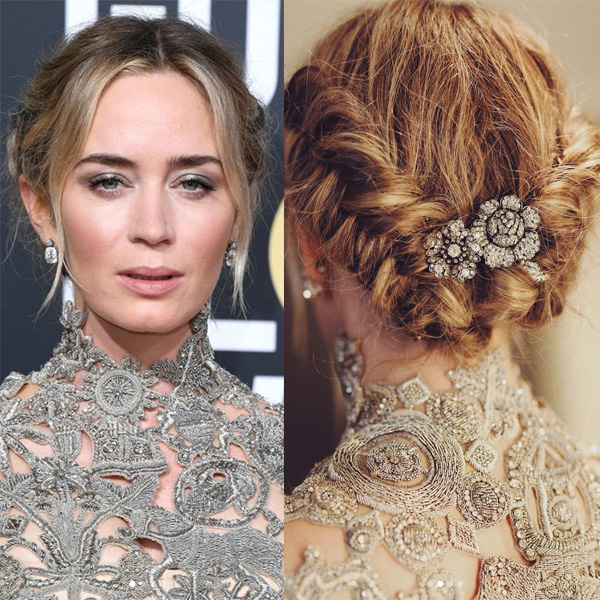 FHI Heat Laini Reeves @laini_reeves Golden Globes Get The Look Emily Blunt Textured Embellished Dutch Braid How To