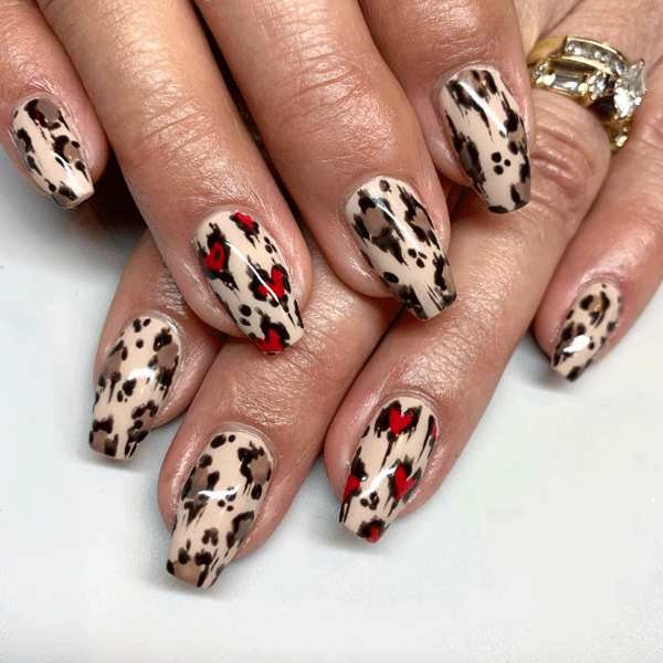 Valentine's Day nail art, nail art, nude nails, leopard nails,