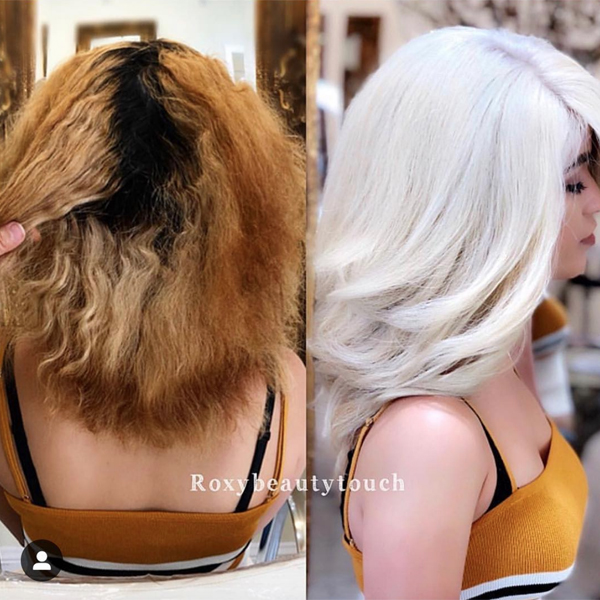 Color Correction Roky Akopyan @roxybeautytouch Haircolor Formula Application Steps How To Transformation Makeover Corrective Color Damaged Dry Brassy Regrowth White Hot Platinum