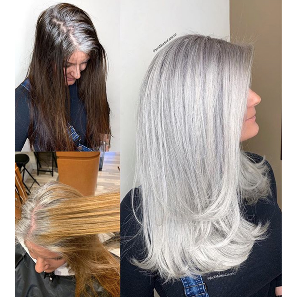 Jack Martin @jackmartincolorist Box Dye Color Correction All Over Gray Silver Granny Gray Back To Gray Brunette Before