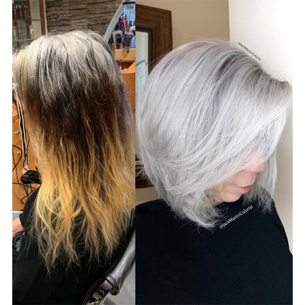 Jack Martin @jackmartincolorist How To Transition Box Dye Color To All Over Gray Silver Tips Article Embrace The Gray