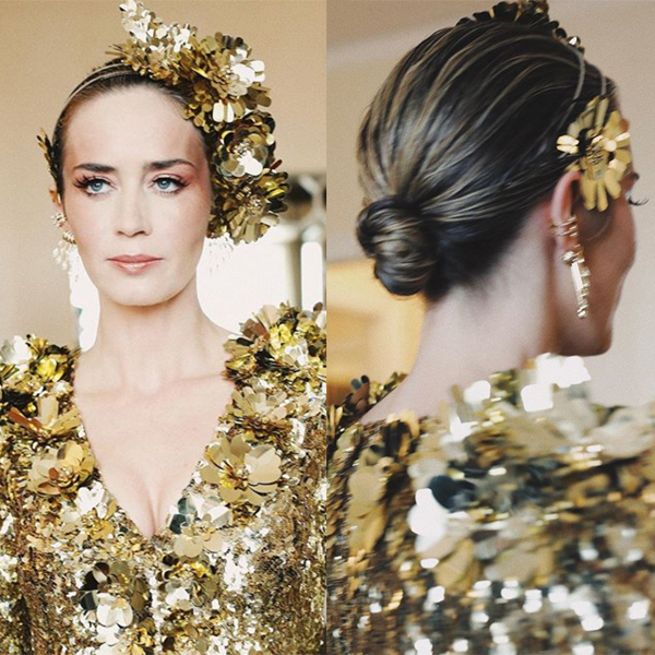 Laini Reeves Emily Blunt Met Gala 2019 Camp Notes On Fashion Embellished Textured Ballerina Bun Gold Get The Look Paul Mitchell