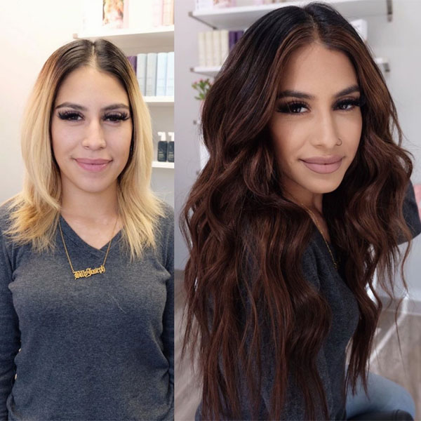 Makeover From Blonde To Dark Cinnamon Brunette Extension Transformation @Instagram via @glamourby_melissa Hair Extensions Wefts Fall Hair Color Brown Hair Formula How To Steps