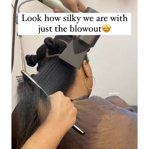 silk press blowout on textured hair curly to straight tips healthy