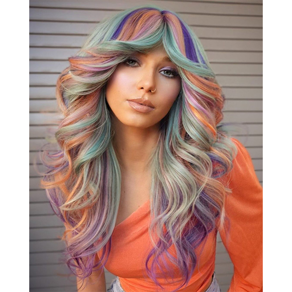 teal purple pink peach vivid vibrant chunky color block hair color placement tips