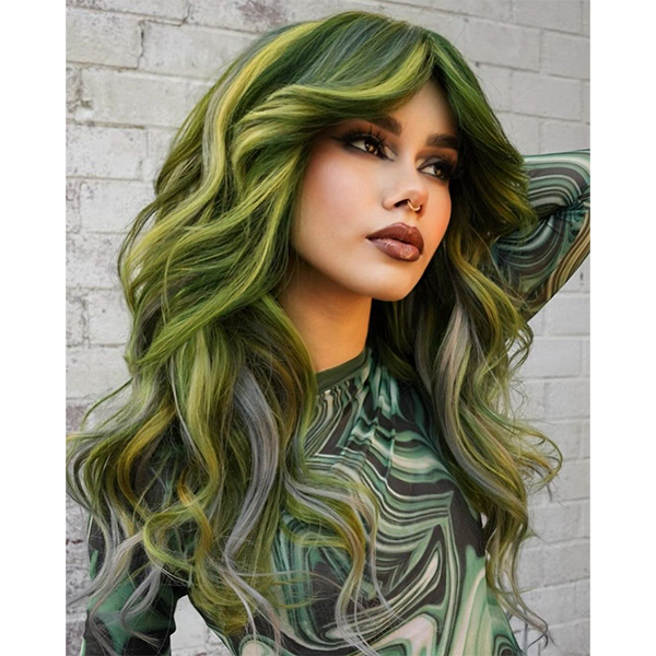 Green vivid vibrant chunky color block hair color placement tips
