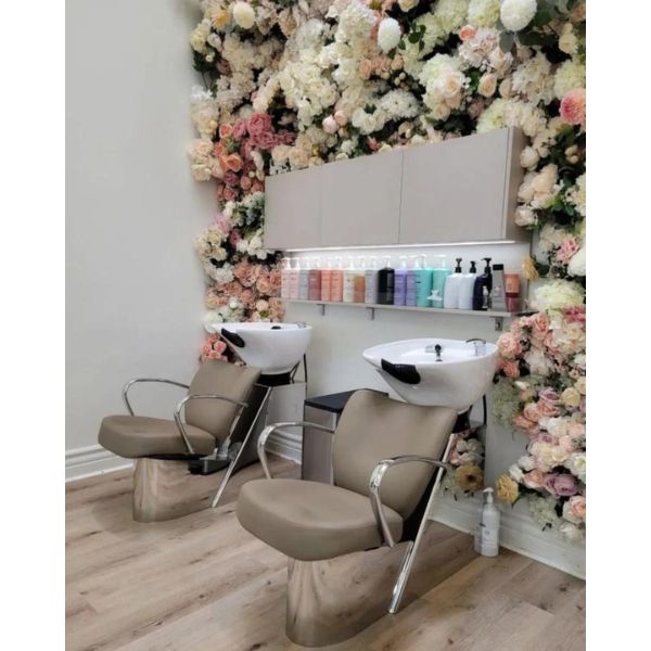 Spring salon decor ideas: Warm neutral tones, creams, beige and florals.