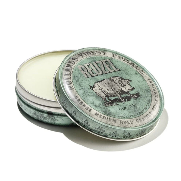 Reuzel Green Pomade Grease on display in a light green tin with gray writing