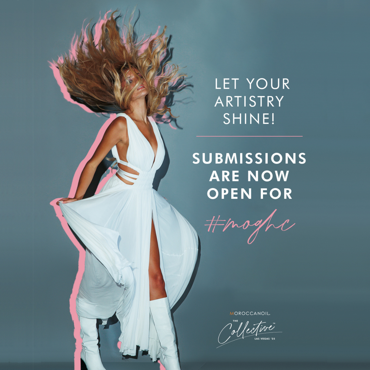Woman in a flowing white dress with voluminous hair flips against a dark background. Text reads, "Submissions Are Now Open for #MOGHC".