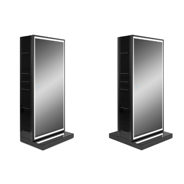 Black Genesis Single-Sided LED Styling Stations with full-length LED mirrors, storage drawers, and a modern design.