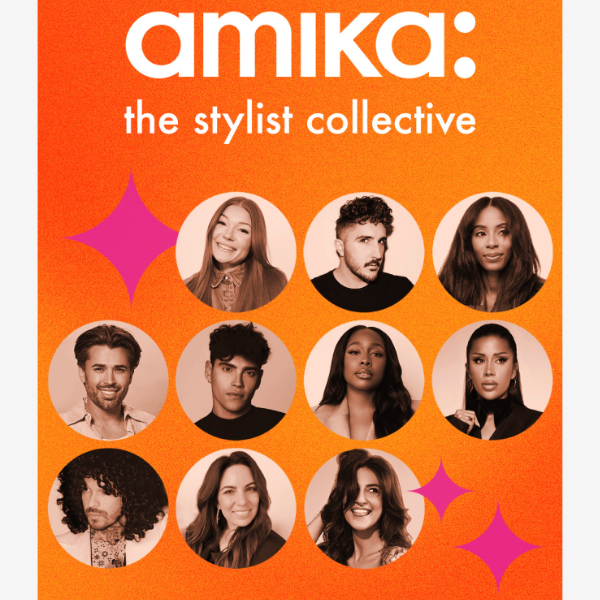 "amika: the stylist collective" graphic featuring ten hairstylists' portraits on an orange background with pink star accents.