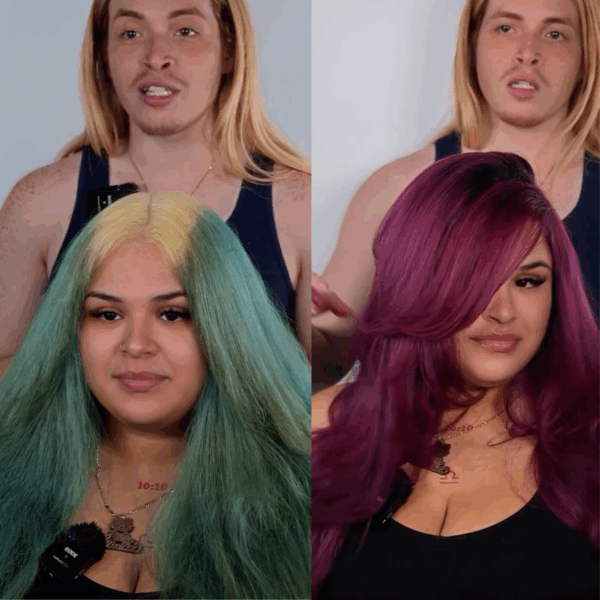 model with magenta hair with layers and long soft curls