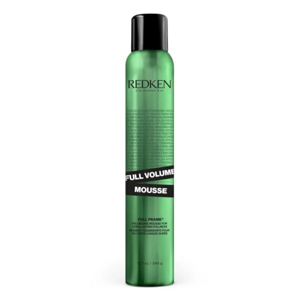 Redken Full Volume Mousse in a tall green aerosol can with black cap, labeled ‘Full Frame Volumizing Mousse’ for long-lasting fullness.