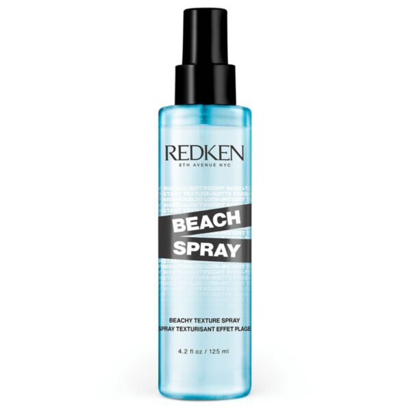 Redken Beach Spray in a clear blue spray bottle with black cap, labeled “Beach Spray,” 4.2 fl oz, for beachy texture and lightweight waves.