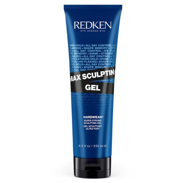 Redken Max Sculpting Gel in a blue tube with black cap, labeled “Hardwear Super Strong Sculpting Gel,” 8.5 fl oz.