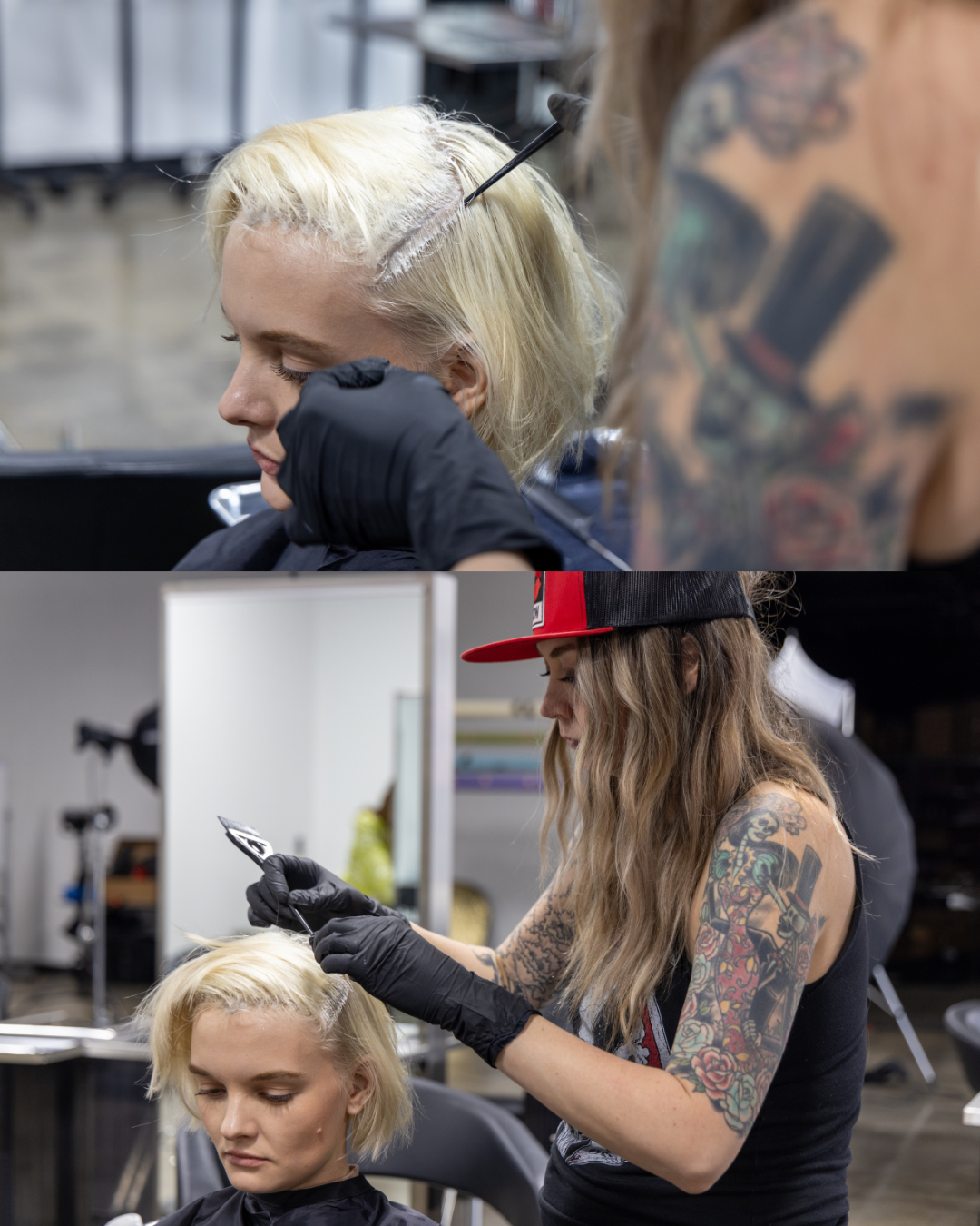 Stylist applying hair color during a blonding service in the salon.