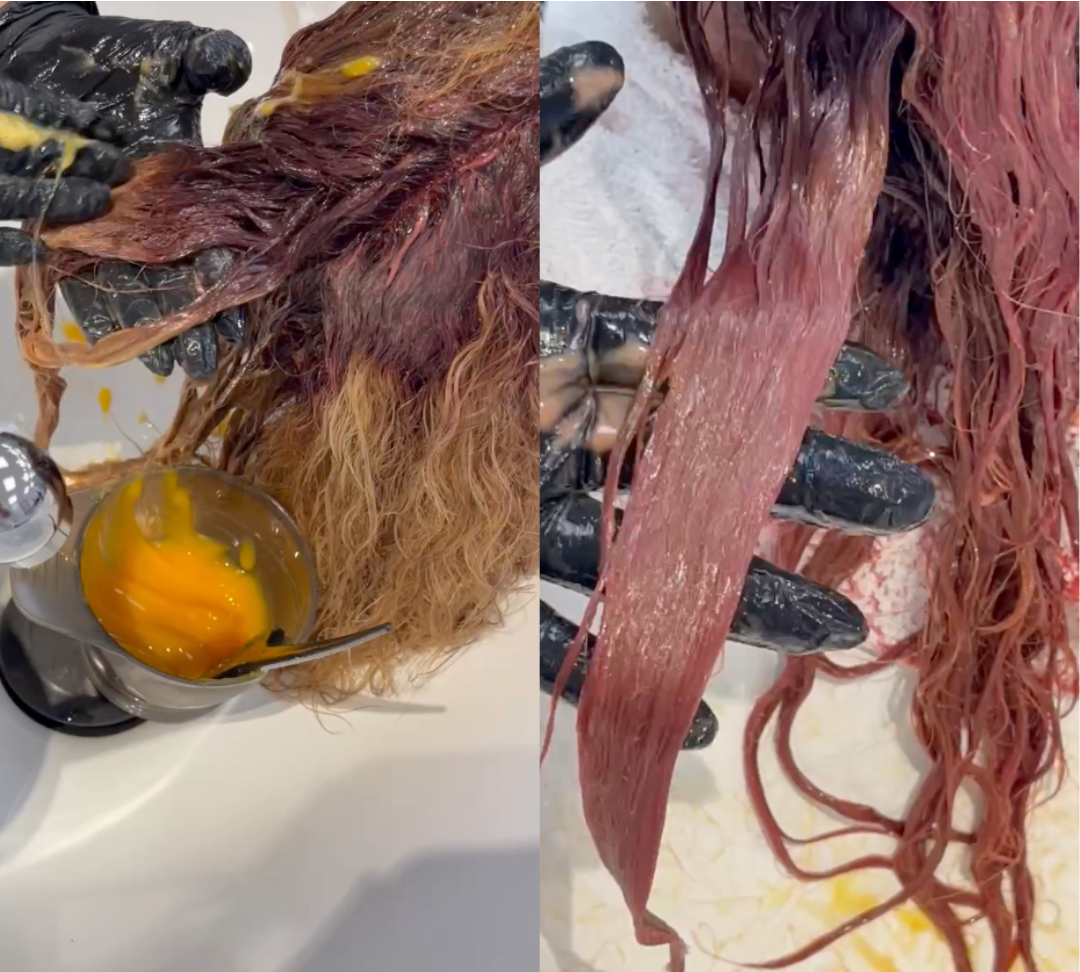 cherry colored hair being glossed at the bowl very glossy Photo courtesy of PRAVANA
