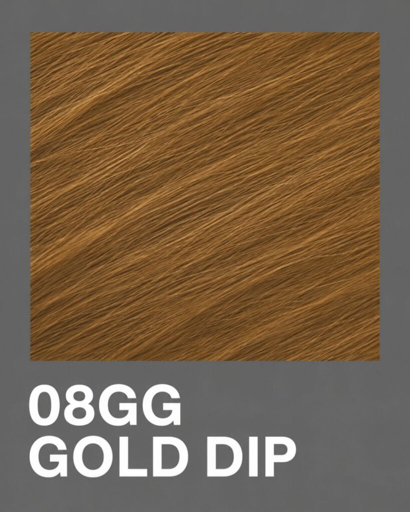 Redken Shades EQ Gloss 08GG Gold Dip swatch featuring a warm golden brunette hair color.