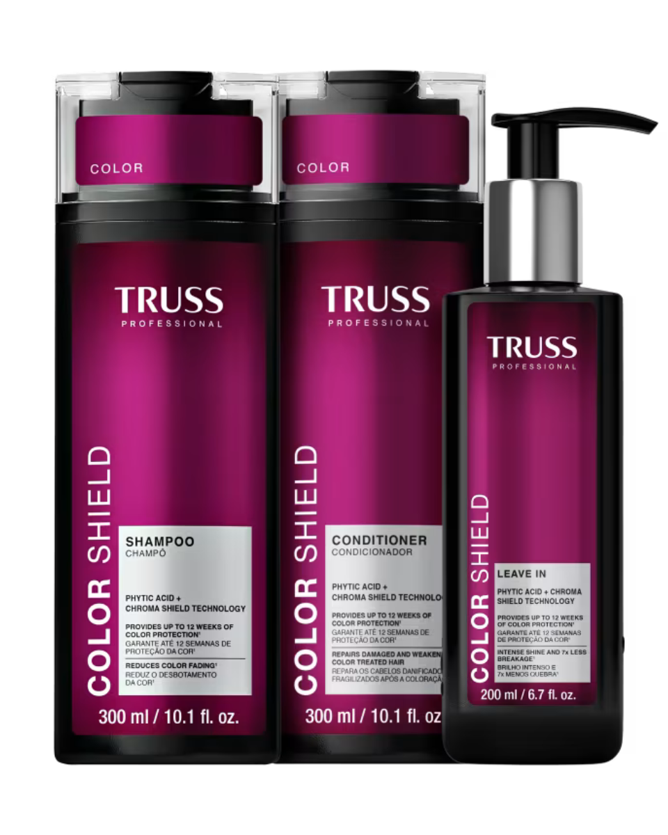 TRUSS Professional Color Shield Shampoo, Conditioner and Leave-In products in magenta and black packaging.