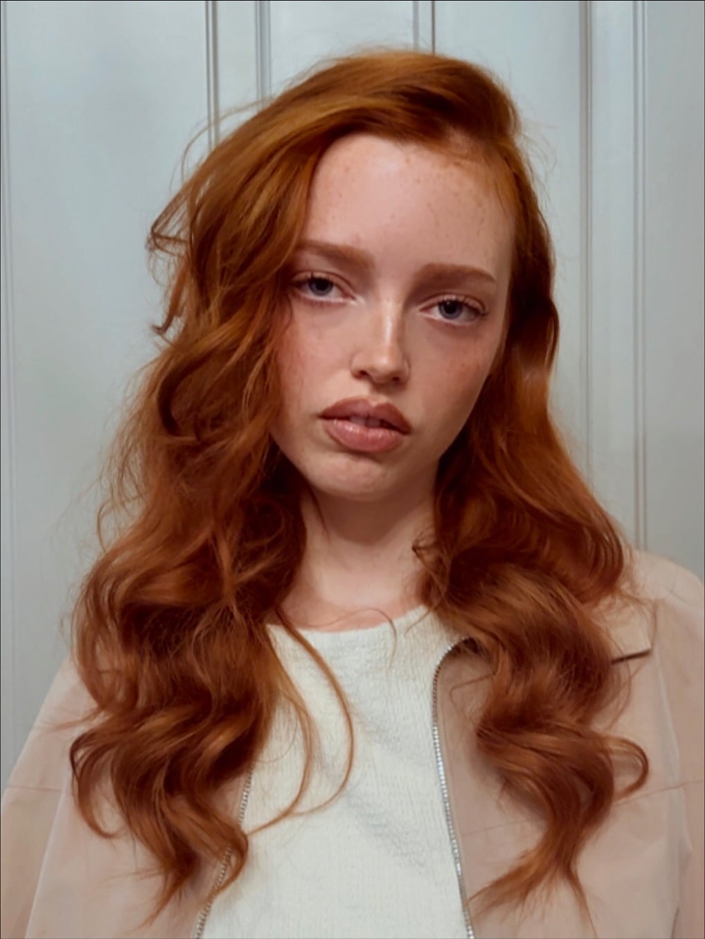 Soft, dimensional copper hair with loose waves created using a Keune Glow Service by George Alderete.